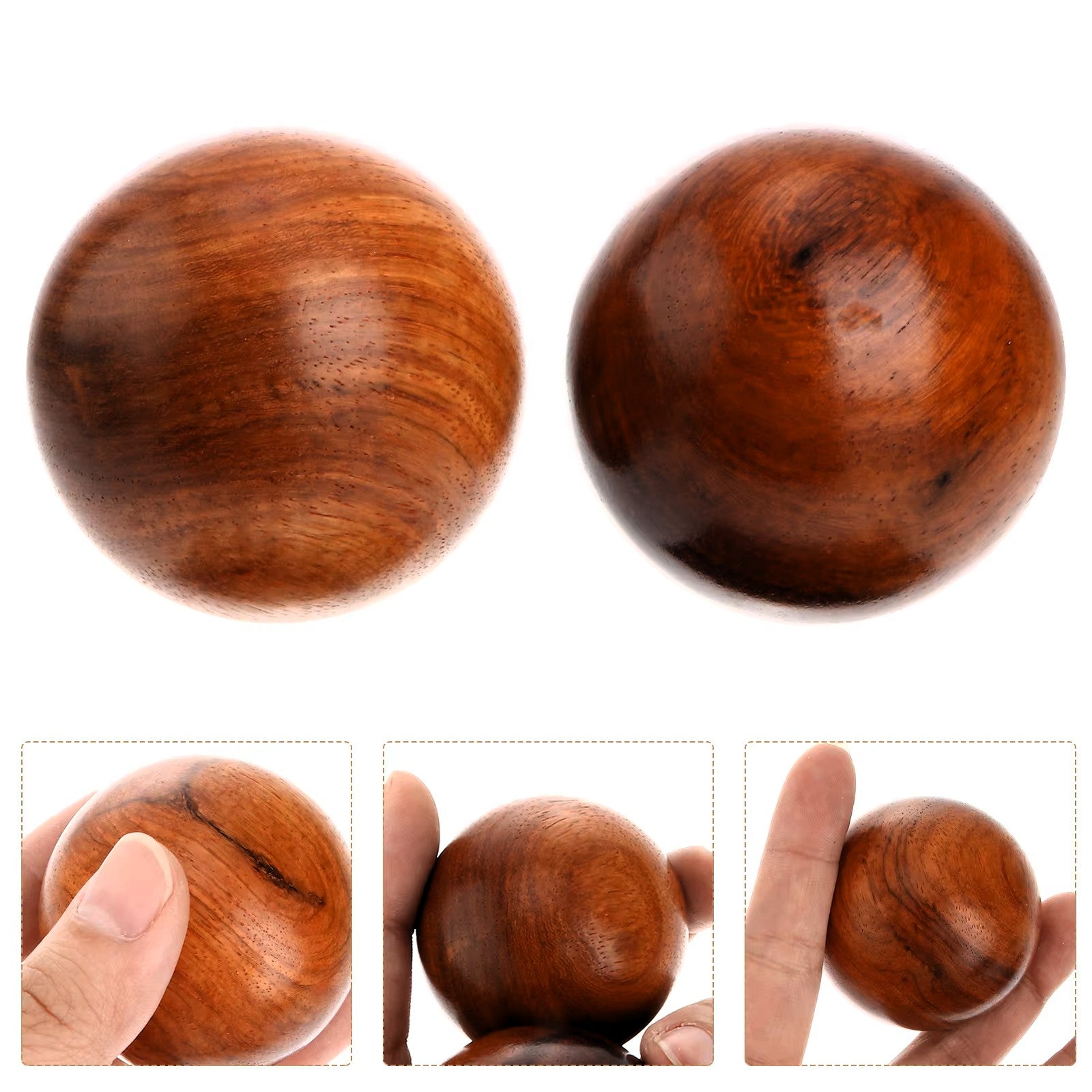 Two oval wooden baoding balls shown from the front and back, with three inset close-up views of a hand holding one to show scale and texture. The wood has a warm reddish-brown tone with visible grain and a small dark fissure on one piece.