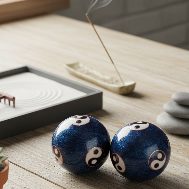 Two blue baoding massage with Yin Yang logo balls on a light wood tabletop next to a zen garden tray and incense holder.