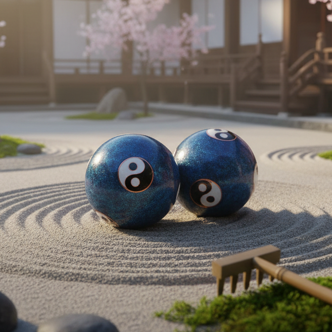 Two blue decorative balls with black-and-white yin-yang symbols sit in a Japanese-style garden with raked sand, moss, stones, cherry blossoms, and a wooden building in the background.
