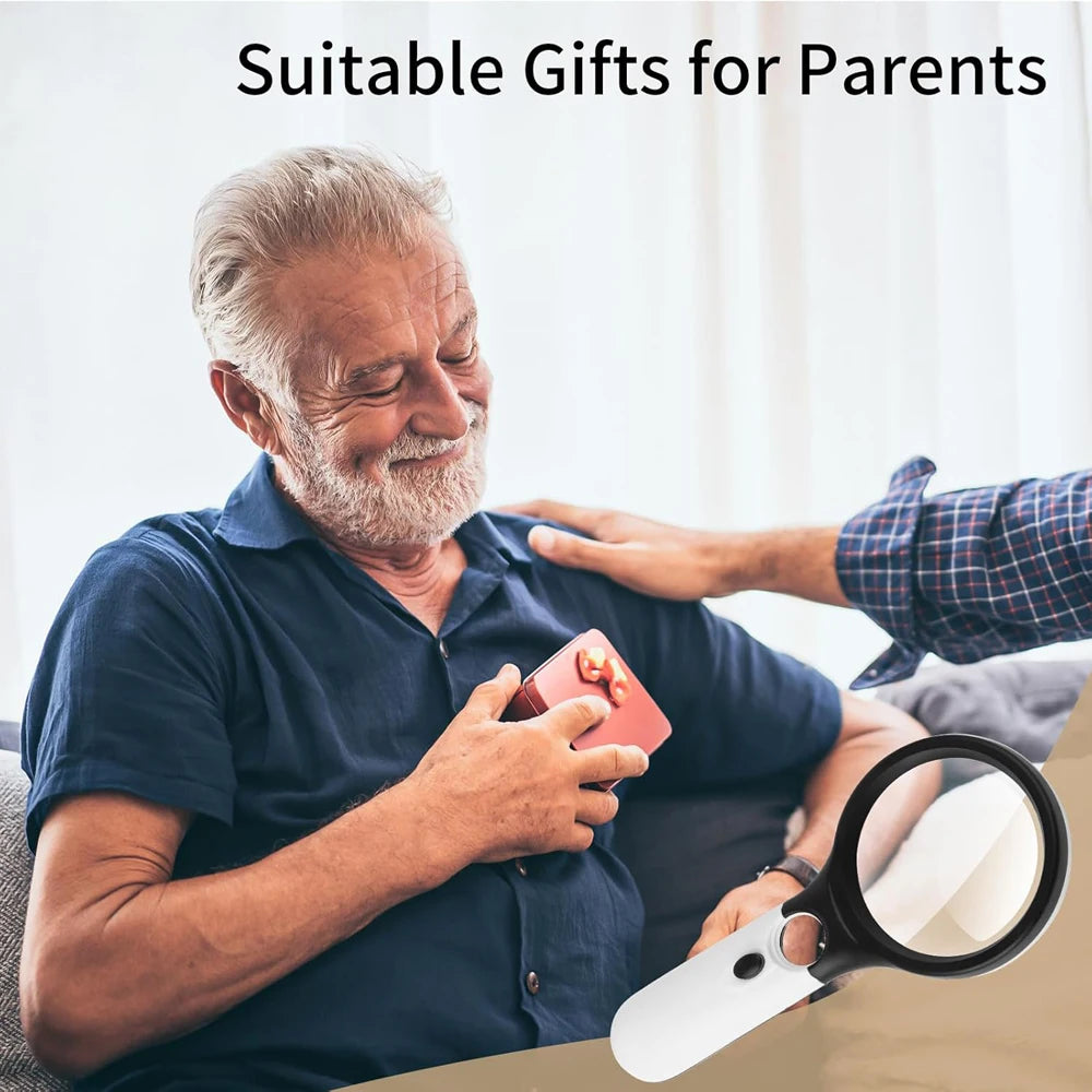 Man receiving a gift from another person with a magnifying glass in the foreground.