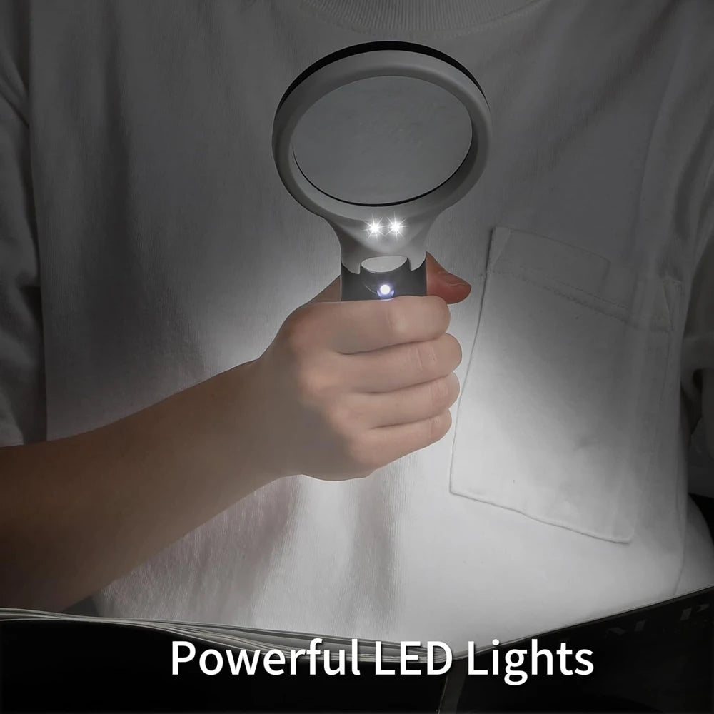 Hand holding a magnifying glass with LED lights against a plain background