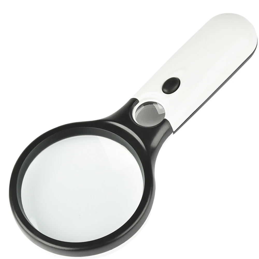 Handheld magnifying glass with black frame and white handle on a white background