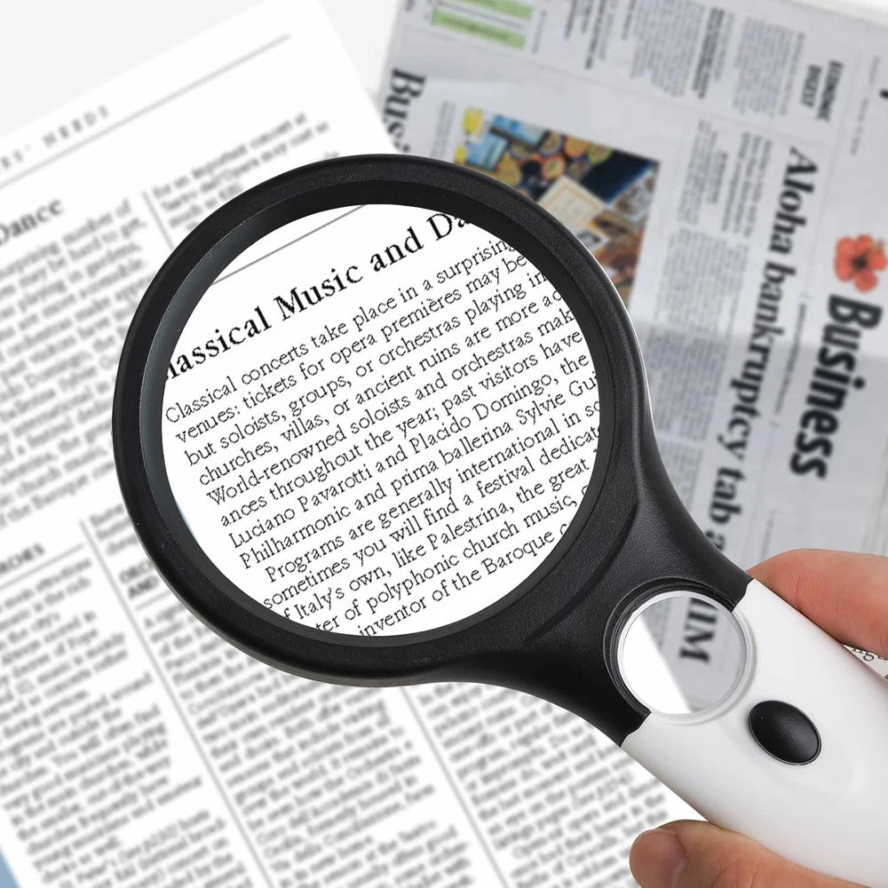 Magnifying glass held over a newspaper article on classical music.