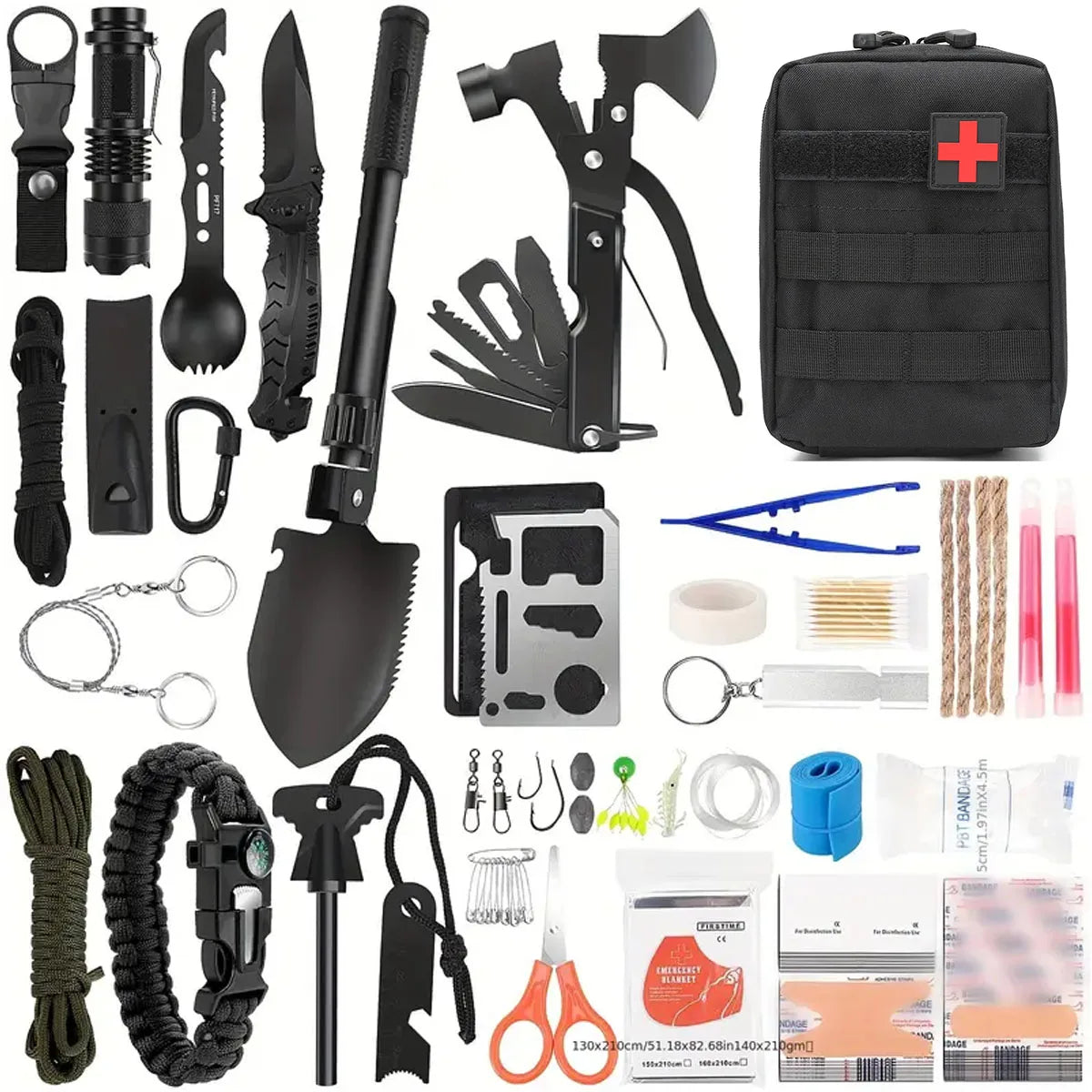 Collection of survival tools including knives, axes, and medical kits on a white background