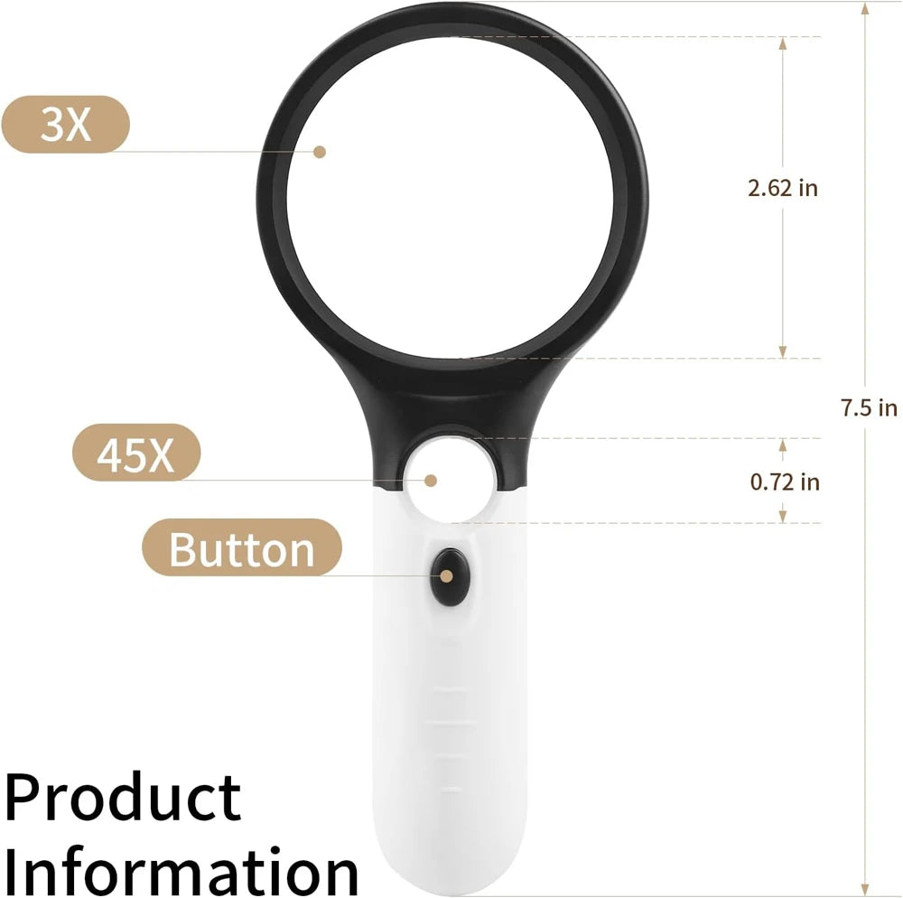Handheld magnifying glass with measurement details on a white background