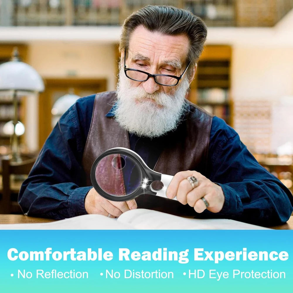Man with glasses using a magnifying glass in a library setting with text about reading experience.