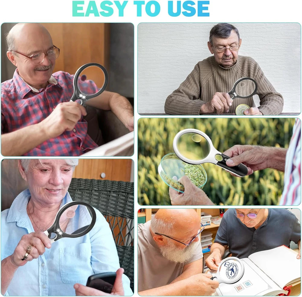 Collage of people using mega magnifying glasses with text 'EASY TO USE'.