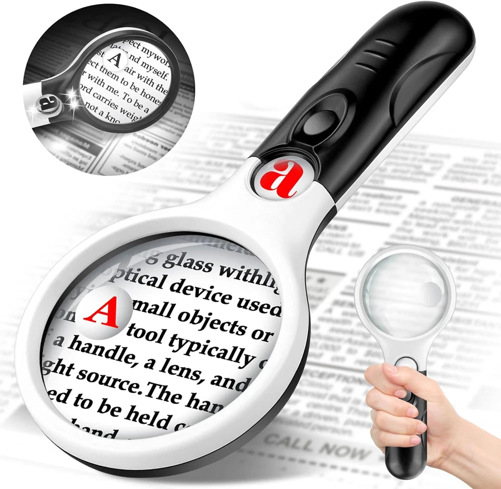 Magnifying glass with handle held over text, showing close-up of letter 'A'.