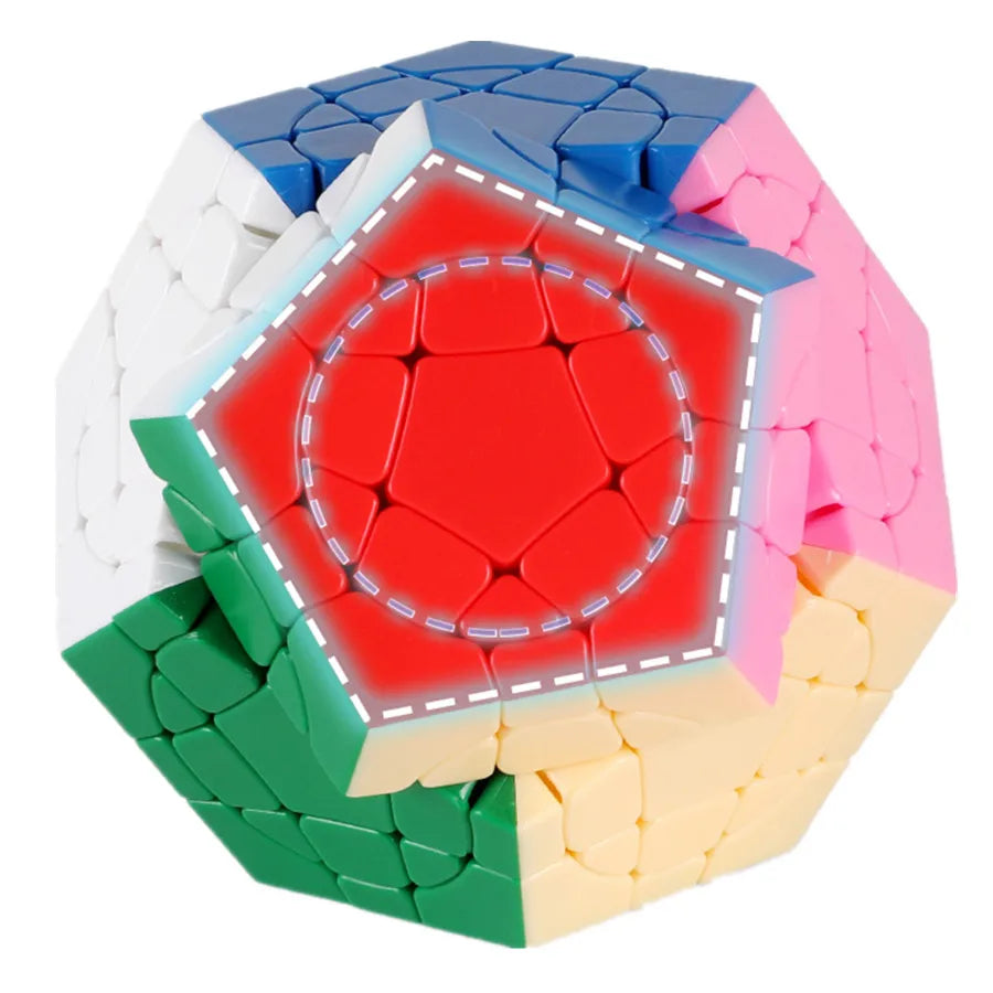 Geometric puzzle with colored faces on a white background