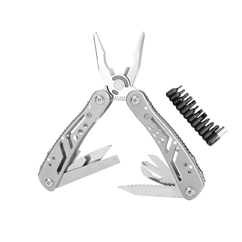 Multitool silver with various tools on a white background