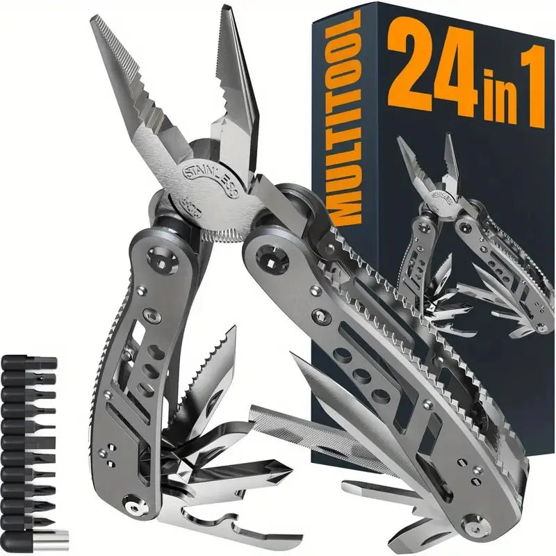 Multitool with multiple tools and a box labeled '24 in 1 Multitool' on a white background.