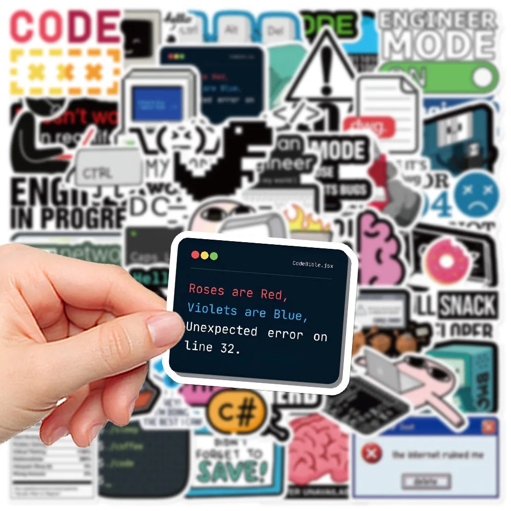 Hand holding a small digital display with text in front of a colorful collection of stickers.