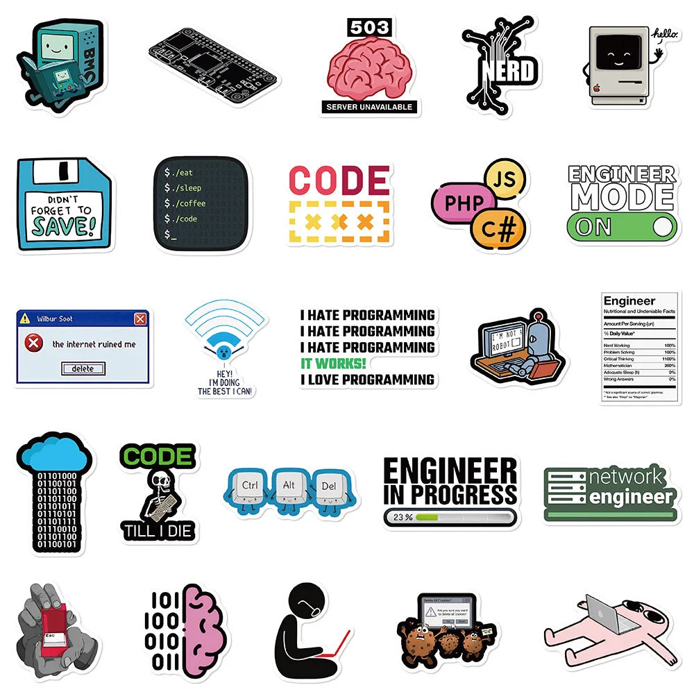 Collection of various computer-themed stickers on a white background