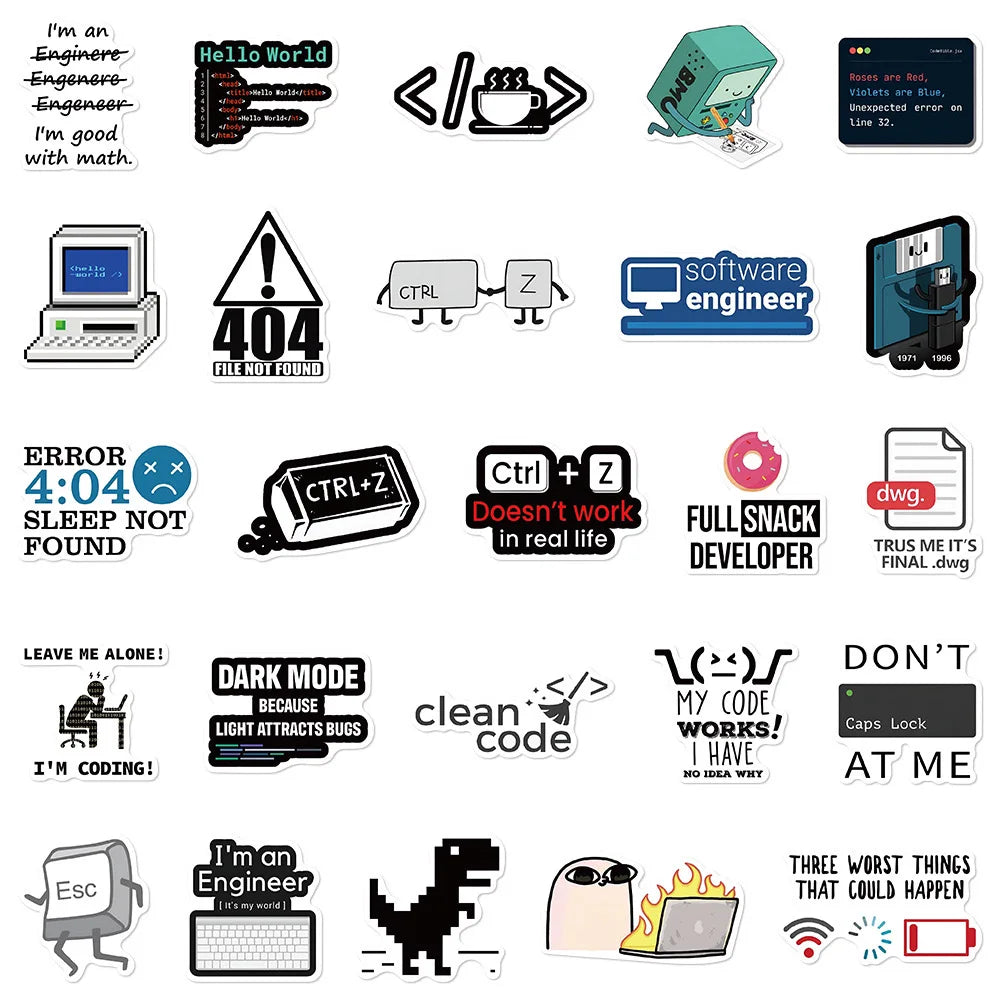Collection of computer-themed stickers and icons on a white background