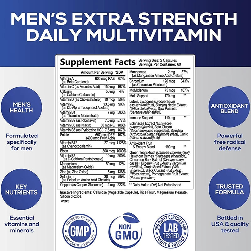 Men's Extra Strength Daily Multivitamin supplement label with key nutrients and quality assurance logos.