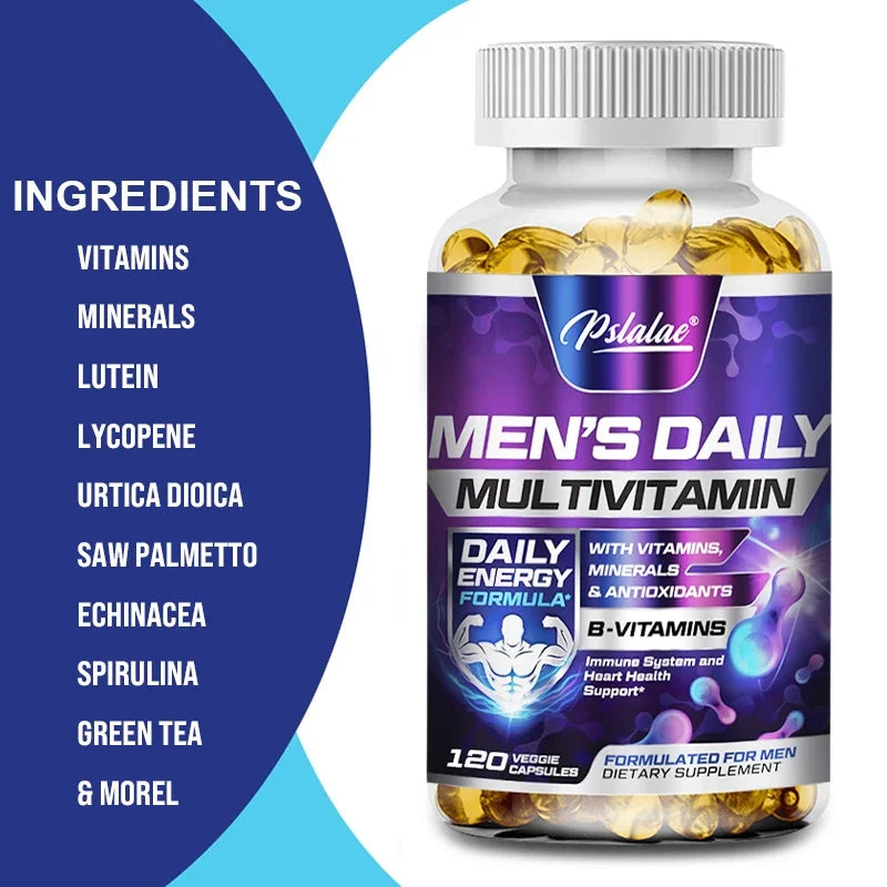 Men's Daily Multivitamin bottle with ingredients listed on a blue and white background