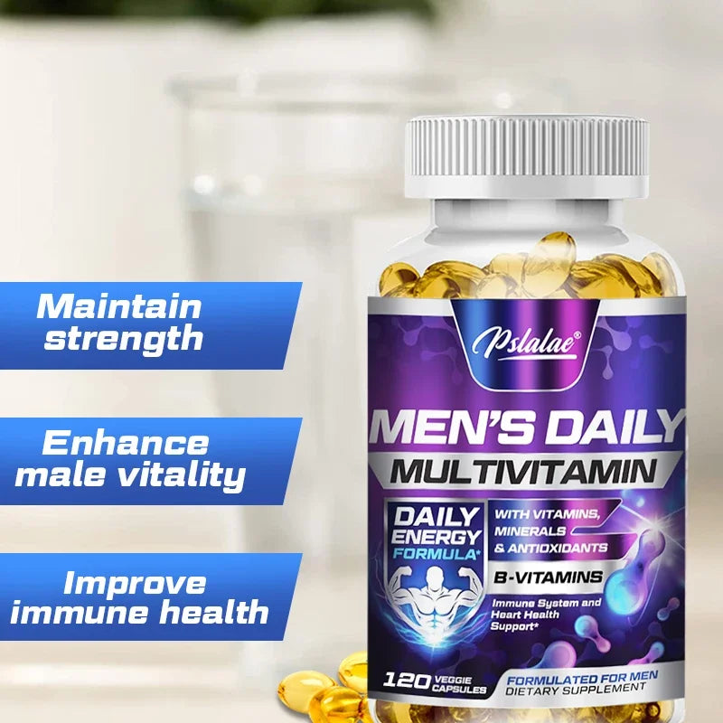 Bottle of Men's Daily Multivitamin with text highlighting benefits on a blurred background