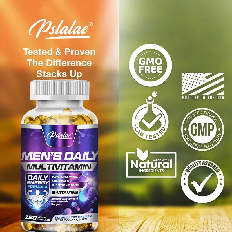 Men's Daily Multivitamin bottle with certification logos on a blurred natural background
