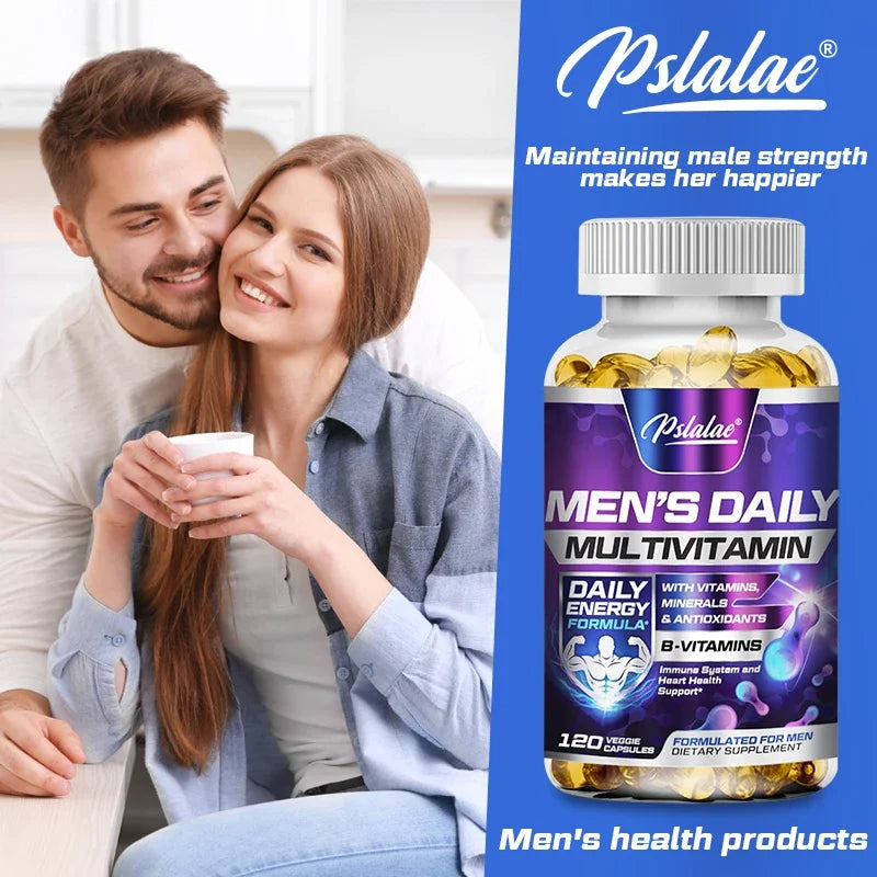 Couple in a kitchen with a Men's Daily Multivitamin bottle on a blue background