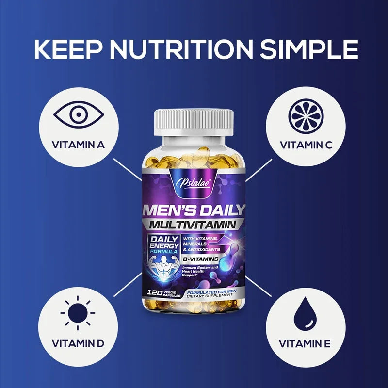 Men's Daily Multivitamin bottle with vitamins A, C, D, and E illustrated on a blue background
