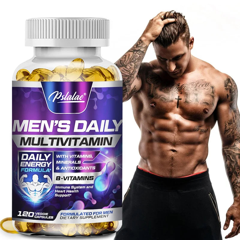 Bottle of Men's Daily Multivitamin with a muscular man on a white background