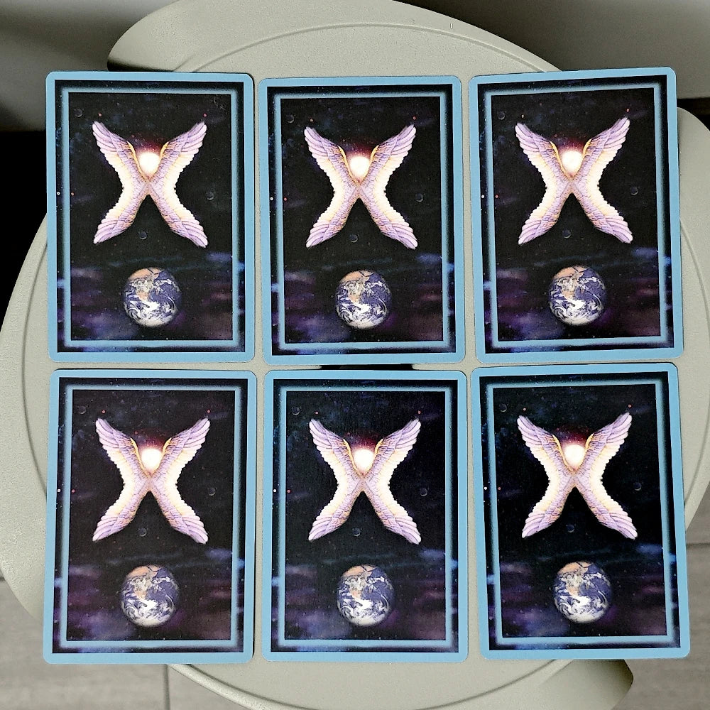 Set of six tarot cards with angelic symbols and celestial design on a circular surface.