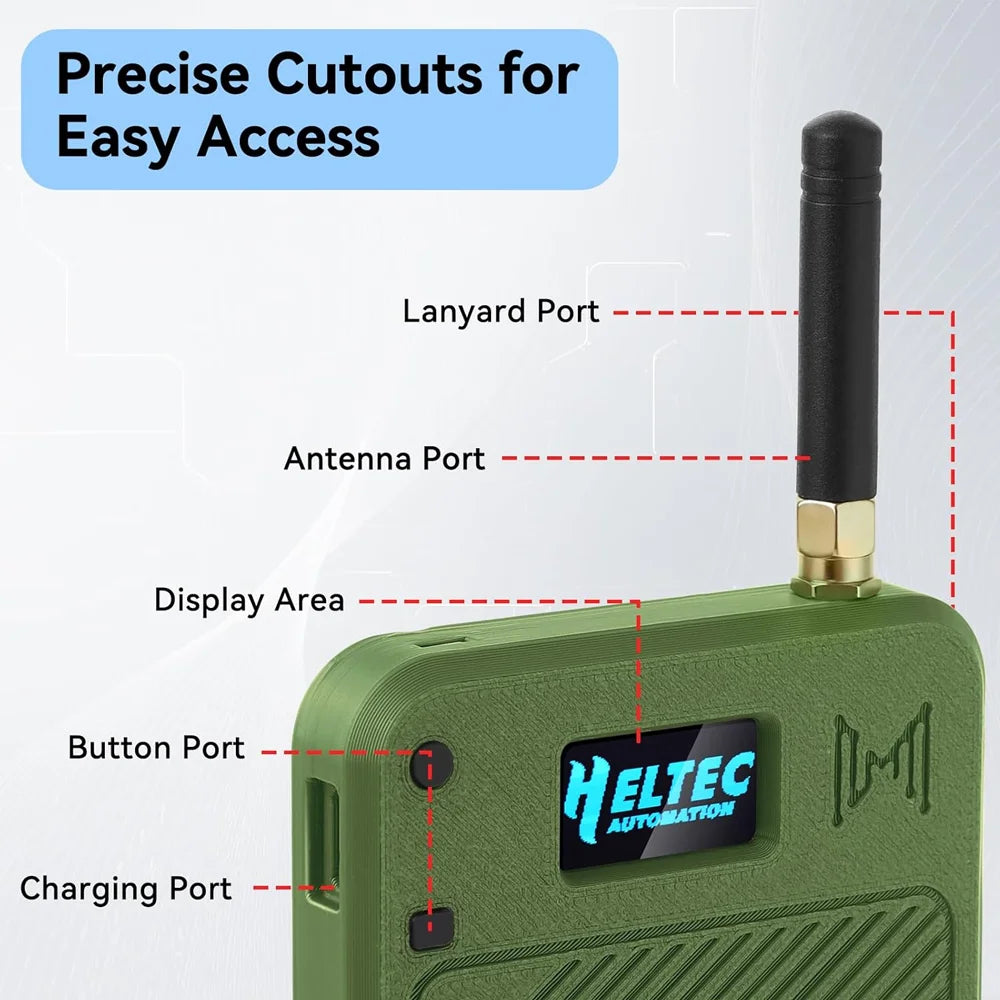 Green meshtastic device with labeled ports on a white background