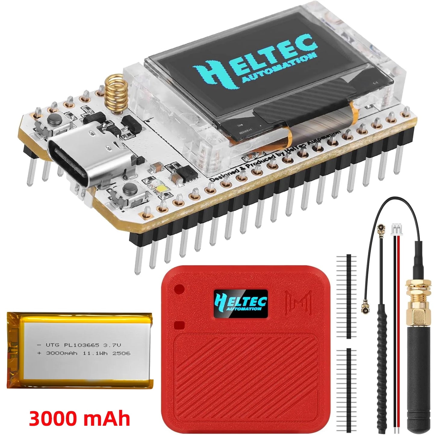 Heltec Automation electronic component with battery and connectors on a white background