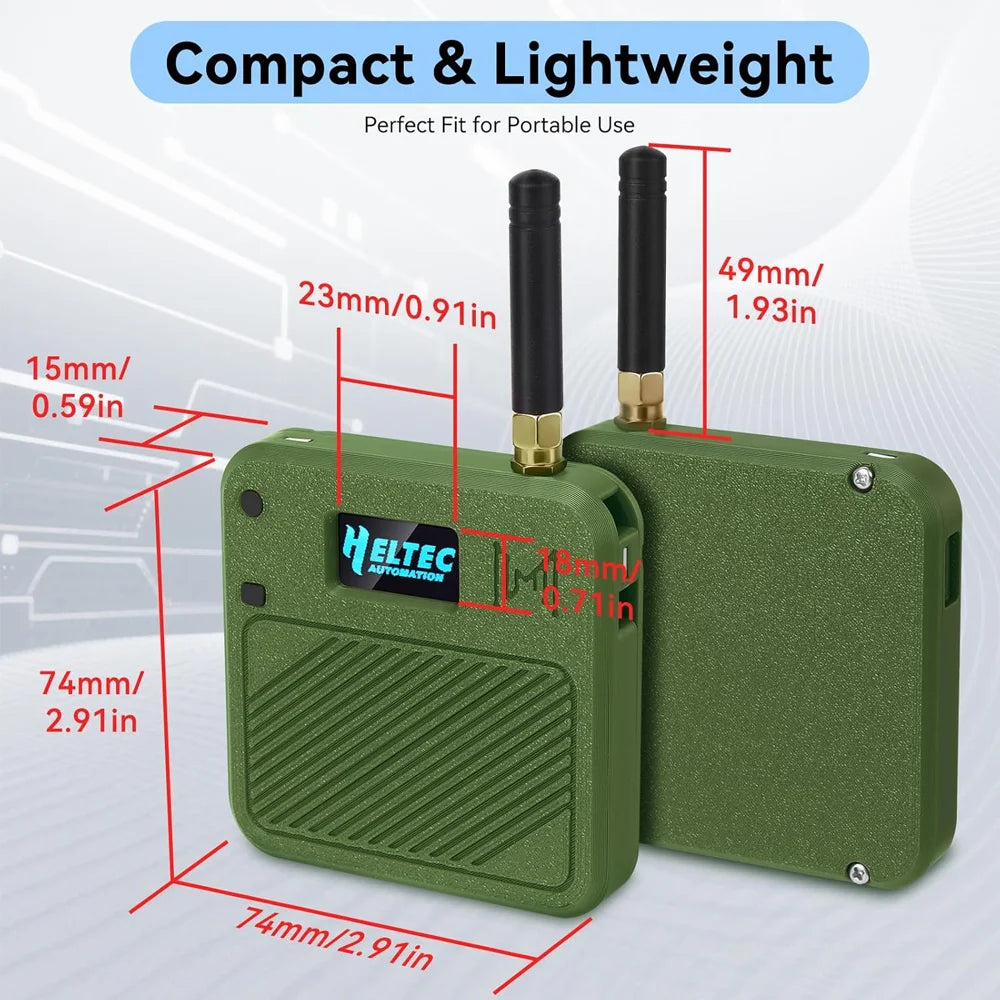 Green meshtastic device with antennas, labeled 'Heltec', on a white background with dimensions indicated.