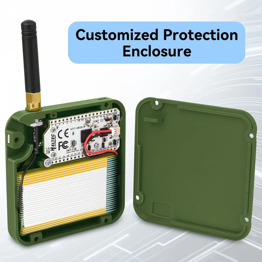 Green meshtastic device customized protection enclosure with electronic components on a white background