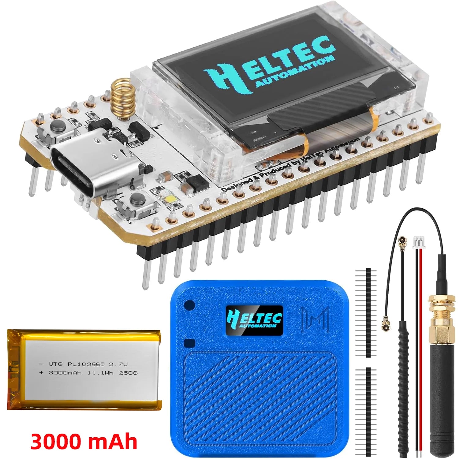 Heltec automation electronic module with battery and connectors on a white background