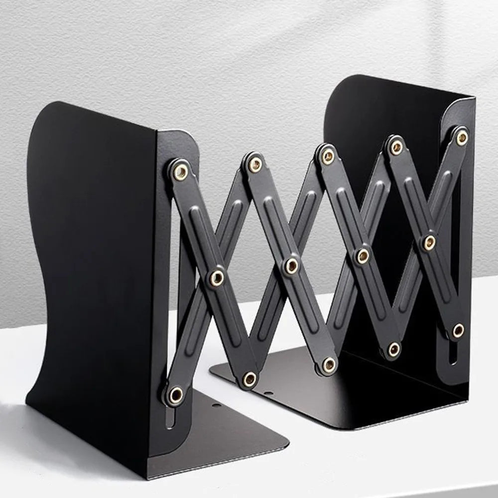 Black adjustable bookend on a white surface with a gray background