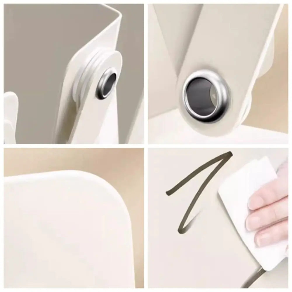 Collage of a expandable metal bookends with a circular connection grooves, possibly and surface being cleaned, on a beige background.