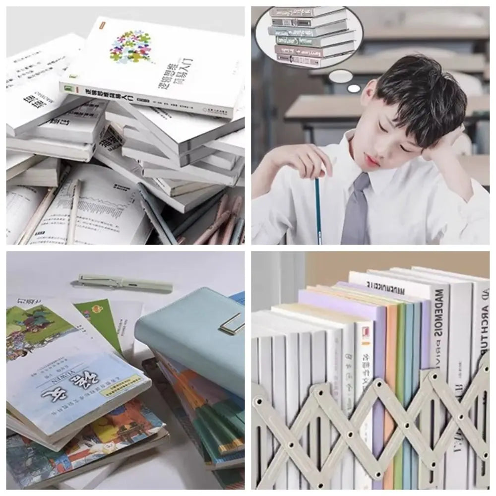 Collage of books, a student, and stationery items in an organized expandable bookrack on a desk.