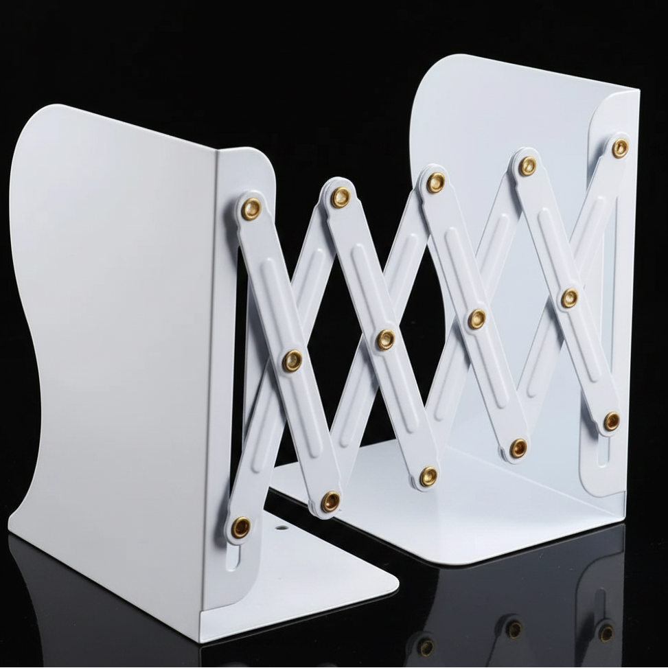 White metal bookends expanded over black background.