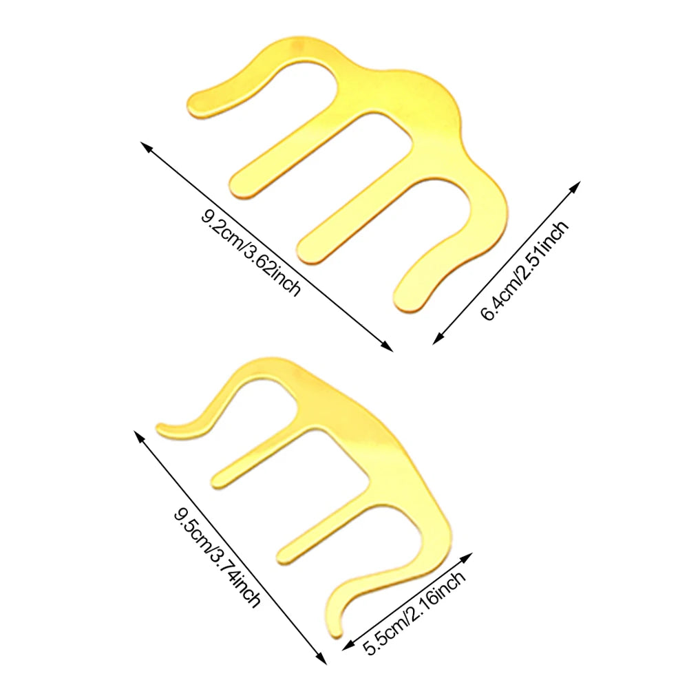 Two gold metal sheet music book clamps with dimensions indicated on a white background, showing measurements.