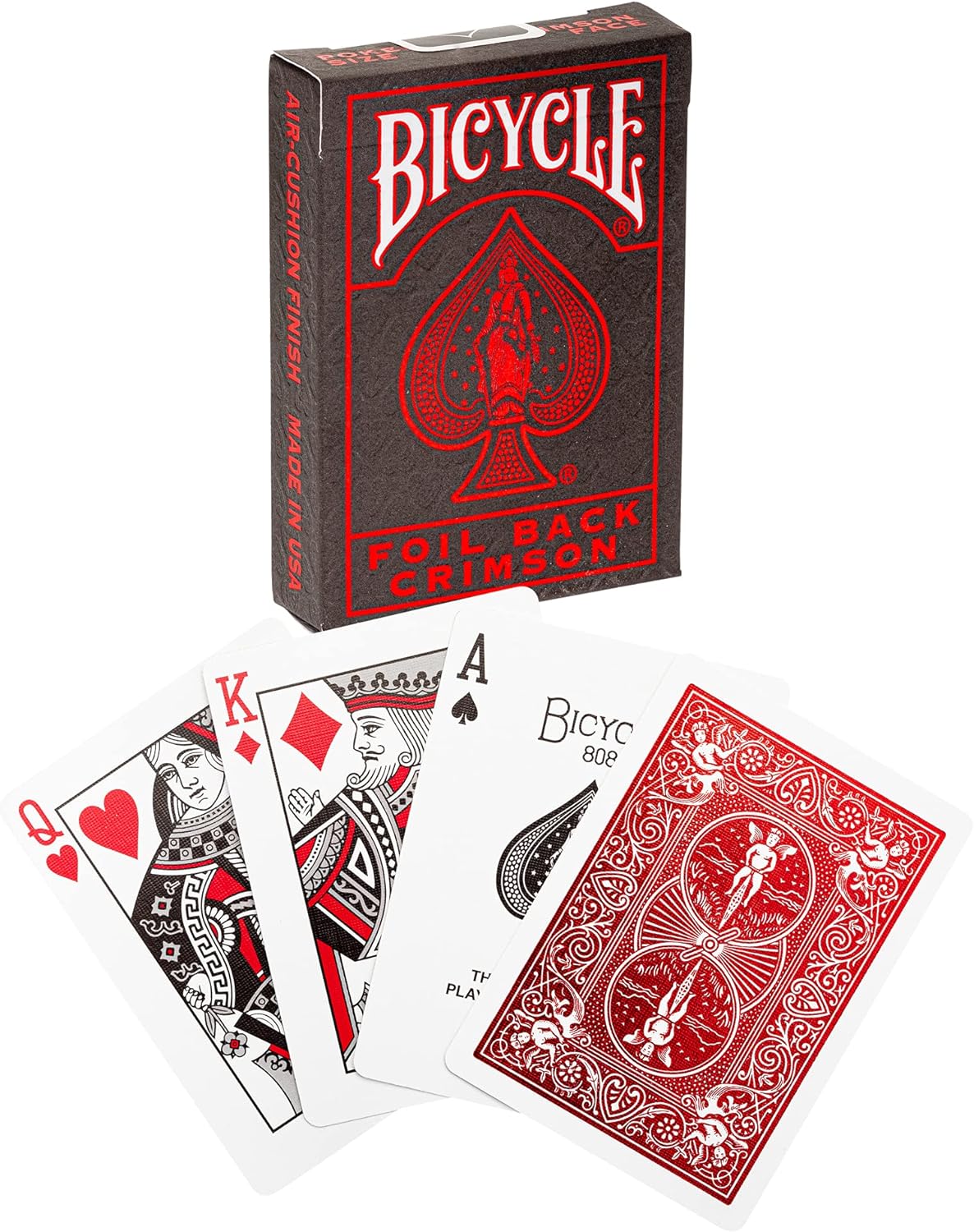 Display of Metalluxe Red Playing Card Foil Back Crimson Deck showing front of card deck and single cards in front showing front and back over white background.