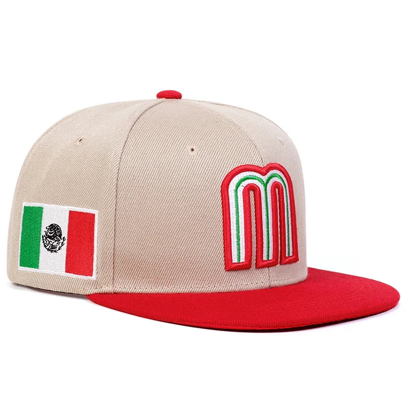 Mexico baseball hat snapback cap with 'M' logo and Mexican flag in beige and red.