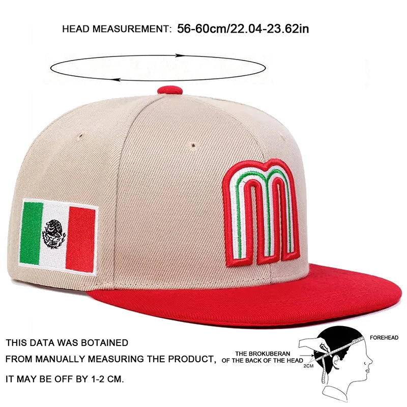 Mexico baseball hat snapback cap with 'M' logo and Mexican flag in beige and red with measurement chart.