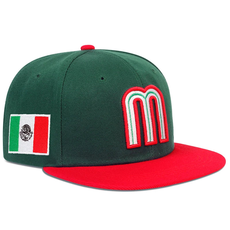 Mexico baseball hat snapback cap with 'M' logo and Mexican flag in red and dark green.