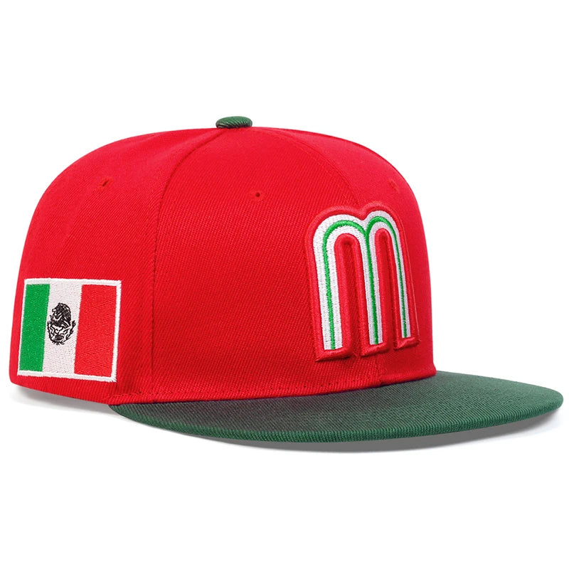 Mexico baseball hat snapback cap with 'M' logo and Mexican flag in dark green and red.
