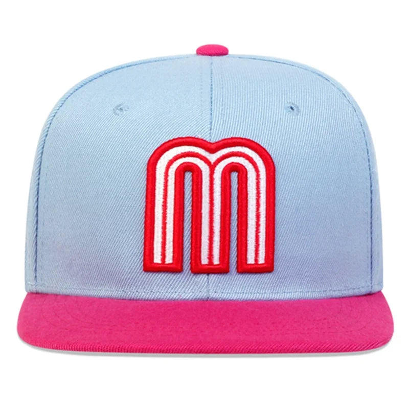 Mexico baseball hat snapback cap with 'M' logo and Mexican flag in pink and sky blue.