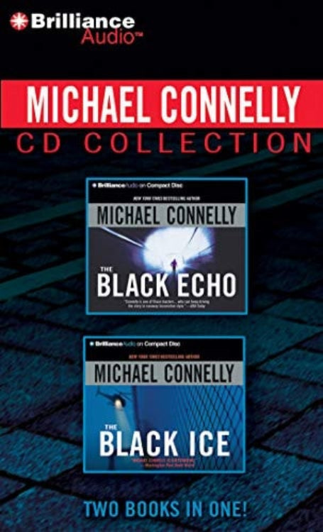 Audiobook collection of Michael Connelly's 'The Black Echo' and 'The Black Ice' books on a blue and black background.