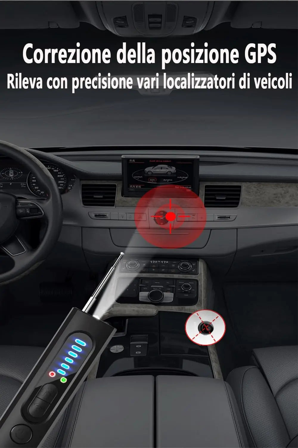 Car interior with GPS device and tool, indicating GPS correction and vehicle locator detection.