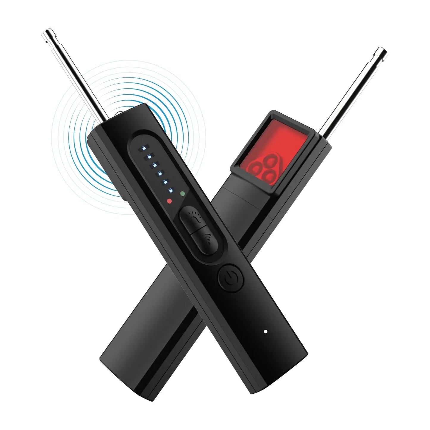 Two black electronic MicroSpy Detectors with antennas on a white background