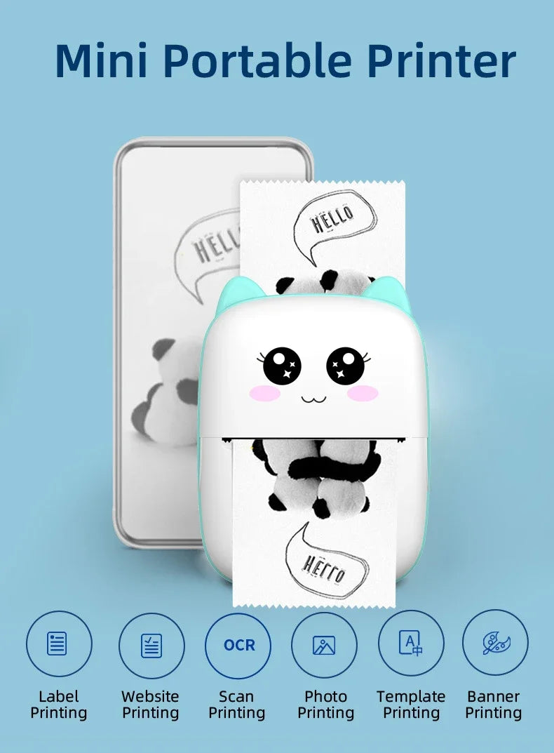 Mini portable printer with a cute kitty cat design on a blue background