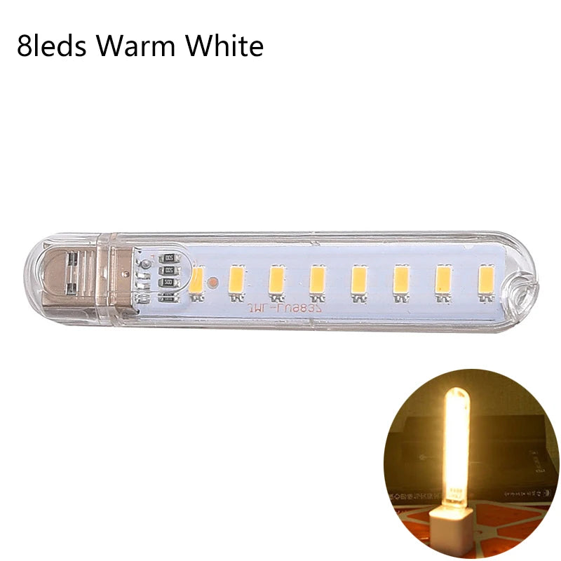 LED light bar with '8Leds Warm White' text on a white background