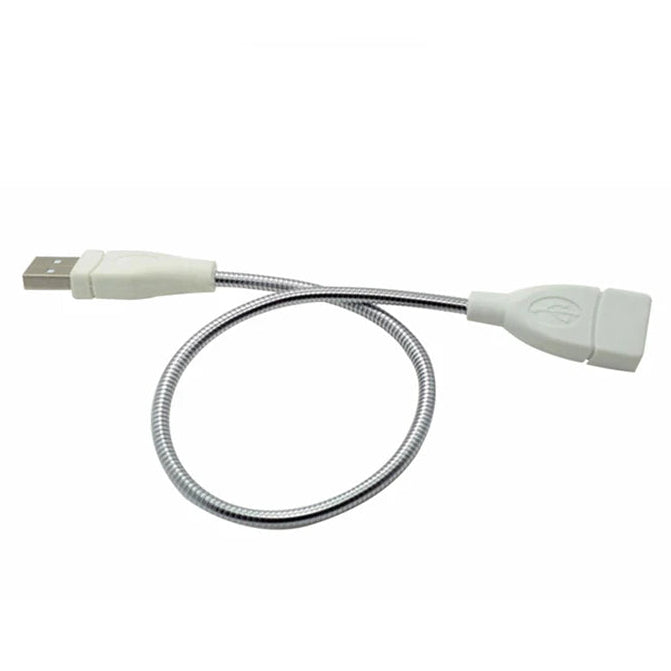 White USB cable with flexible metal connector on a white background