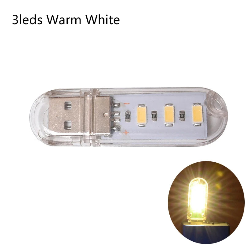 USB light with three warm white LEDs on a white background
