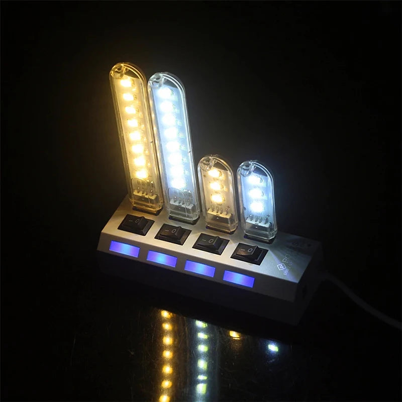 Set of LED night-lights on a dark background